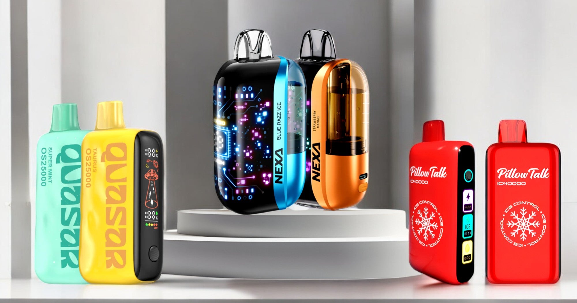 An overhead view of various disposable vapes, showcasing different shapes, sizes, and designs.